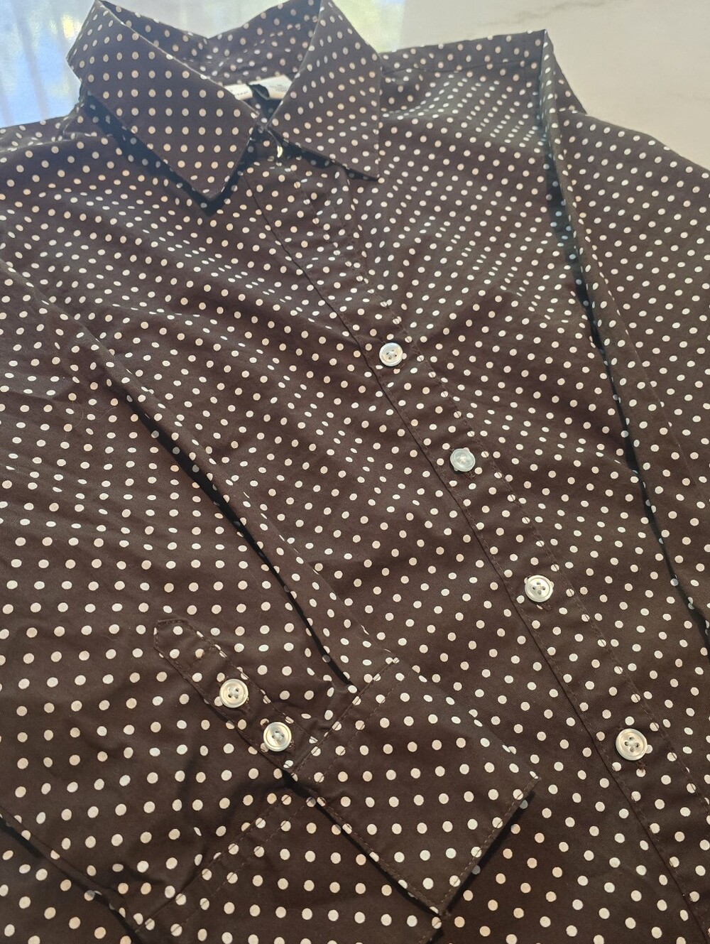 Kim Rogers Women’s M Brown White Polka Dot Button Down Shirt 3/4 Sleeve